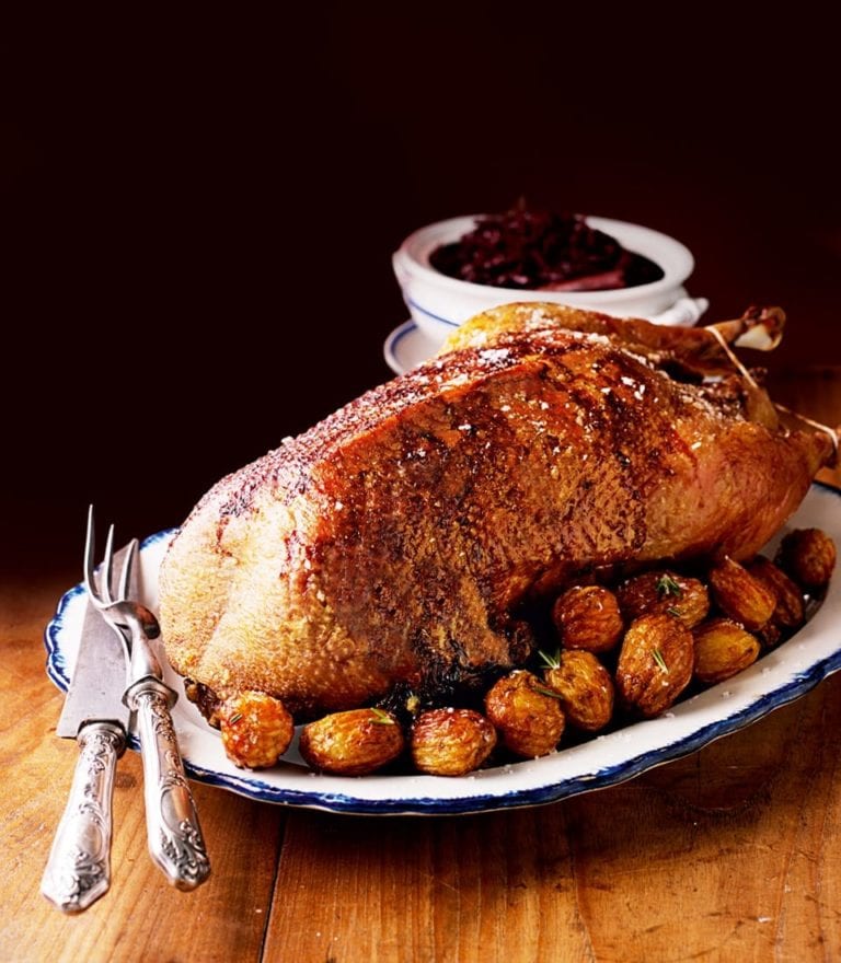 Honey-glazed spiced roast goose & confit potatoes