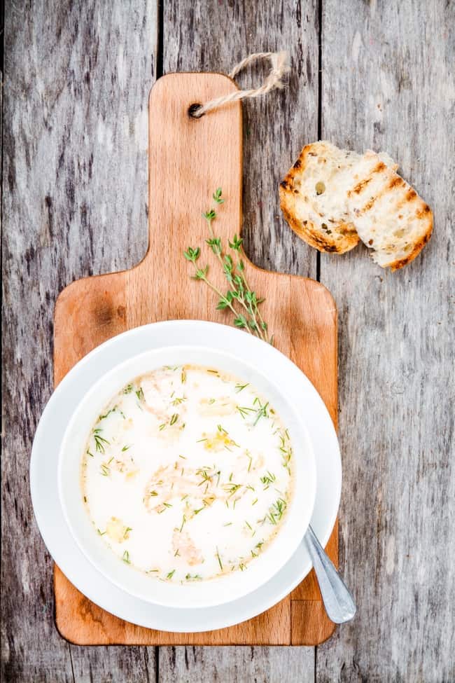 Creamy smoked salmon, leek & potato soup