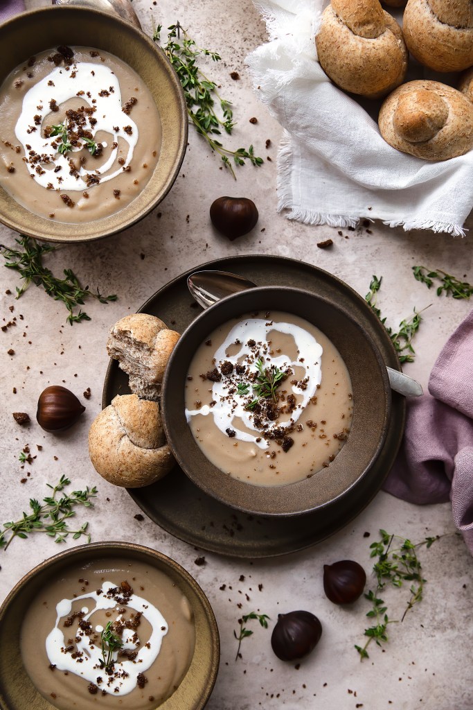 creamy chestnut soup with honey-roasted parsnips