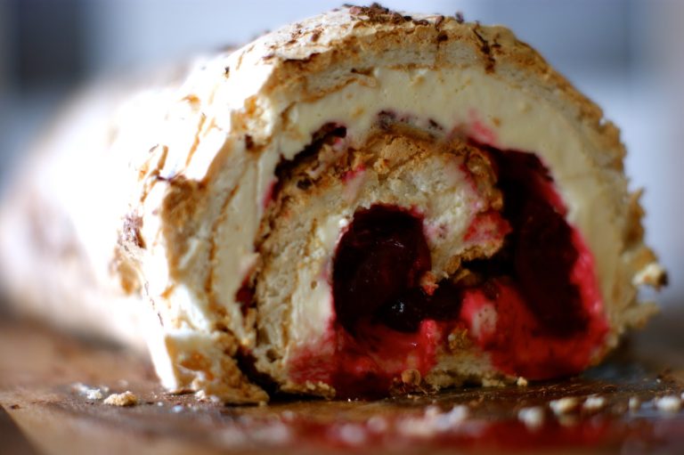 White forest meringue roulade